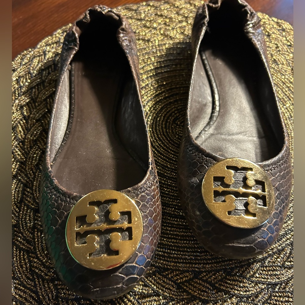 Tory Burch Snakeskin Flats with Gold Emblem
